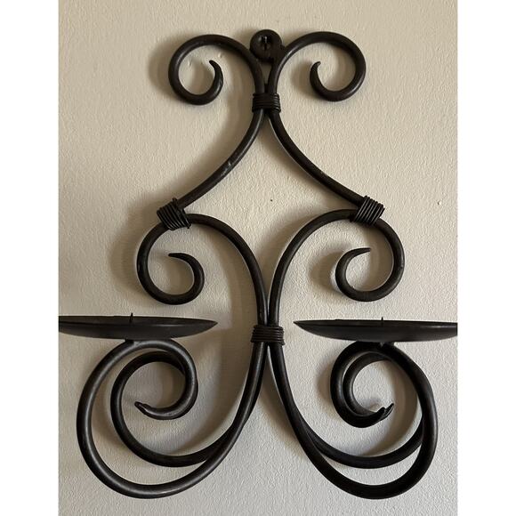 11” Vintage Gothic Dark Brown Scroll Wrought Iron Double Candle Wall Sconce - Picture 2 of 6